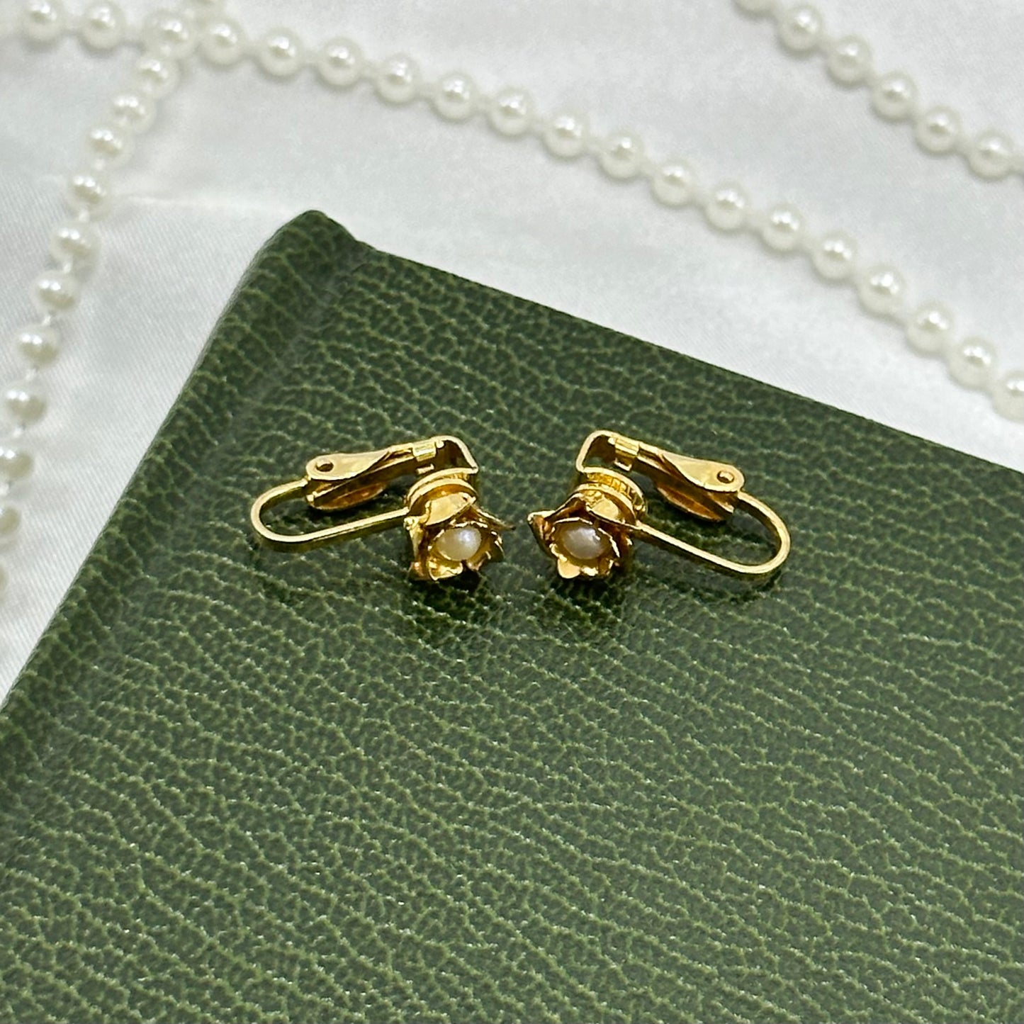 Vintage Dainty Gold Flower Clip On Earrings with Pearl Centers