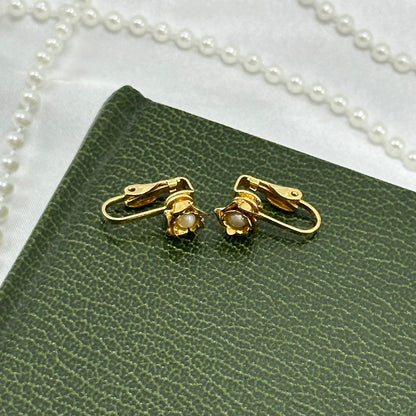 Vintage Dainty Gold Flower Clip On Earrings with Pearl Centers