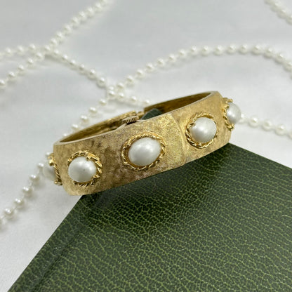 Vintage Gold Bangle Peekaboo Watch with Pearls