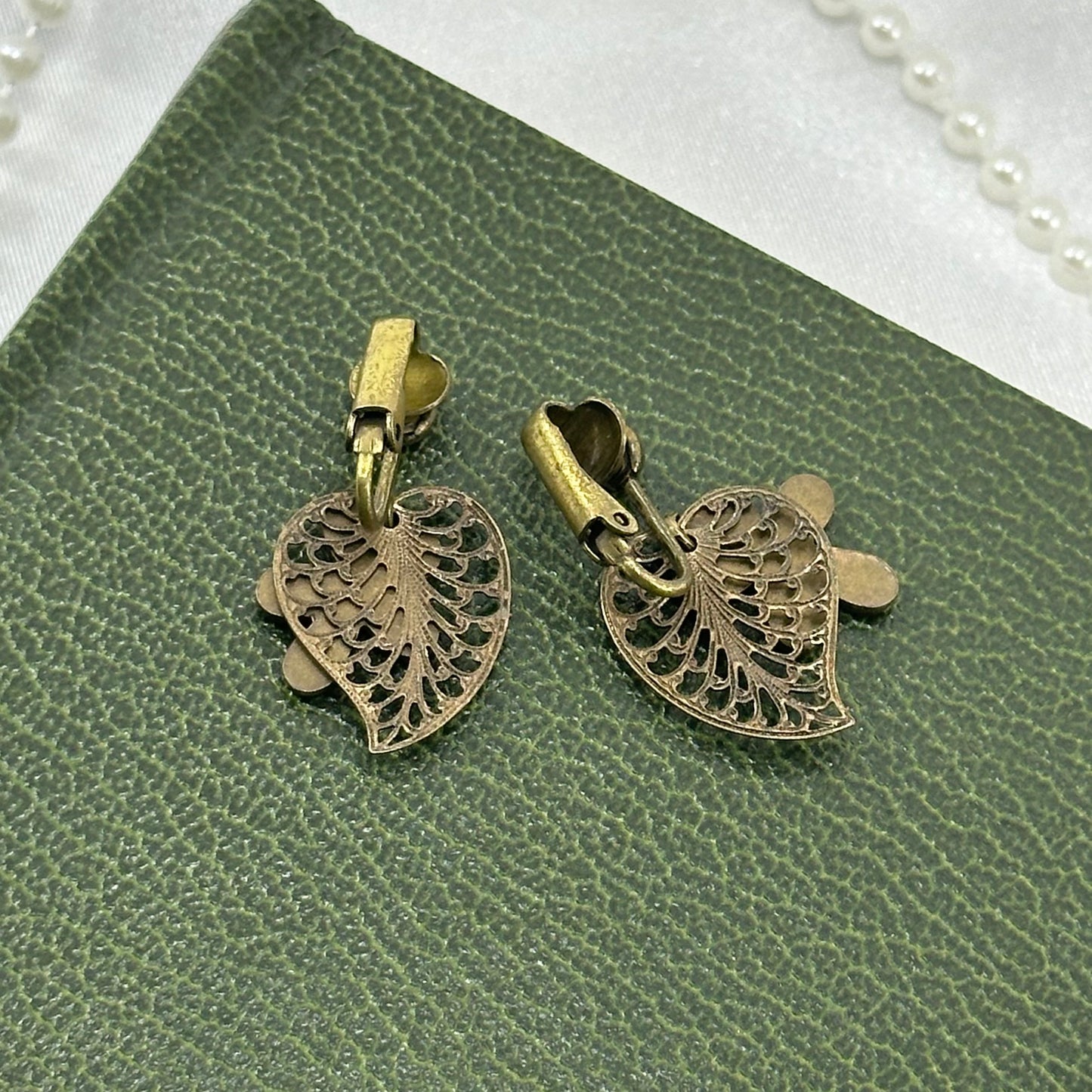 Vintage Bronze Tone Clip On Dangle Earrings with Pink Flower Charms