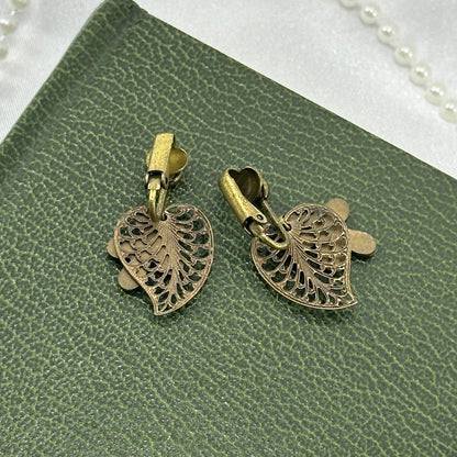 Vintage Bronze Tone Clip On Dangle Earrings with Pink Flower Charms