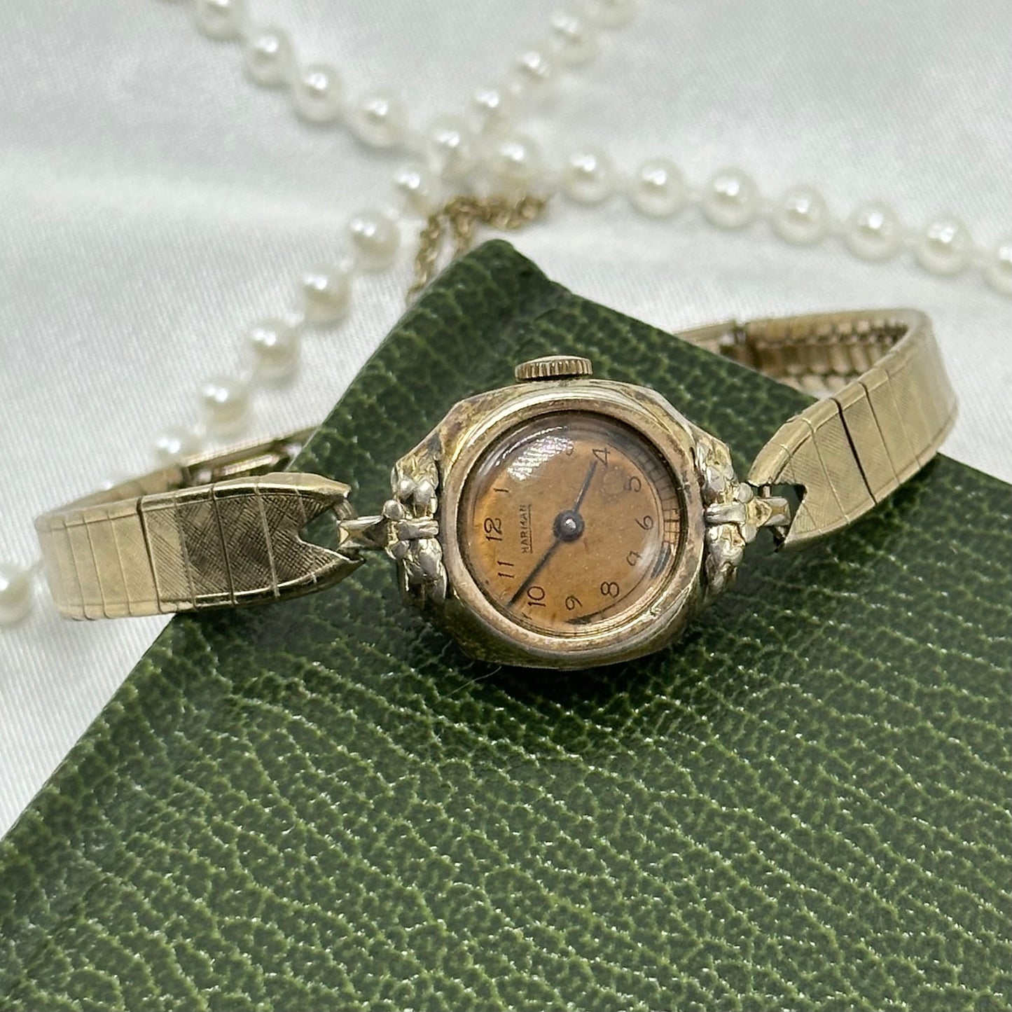 1940's Dainty Gold Vintage Harman Wind-Up Cocktail Watch with Rose Gold Dial