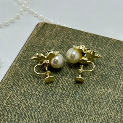 Vintage Green Rhinestone and Pearl Earrings - Screw Backs