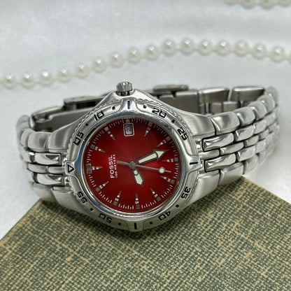 Red Dial Fossil Watch with Rotating Bezel