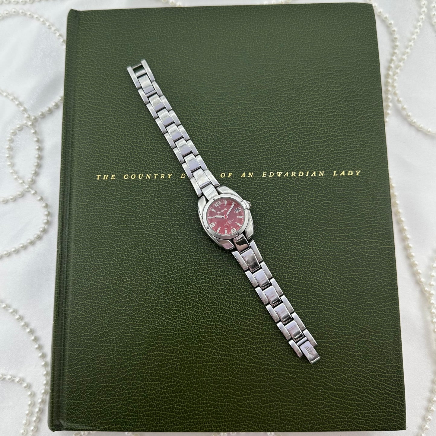 Silver Red Dial Watch with Date Display
