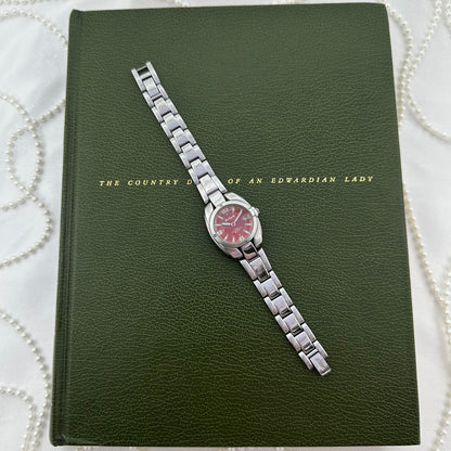 Silver Red Dial Watch with Date Display