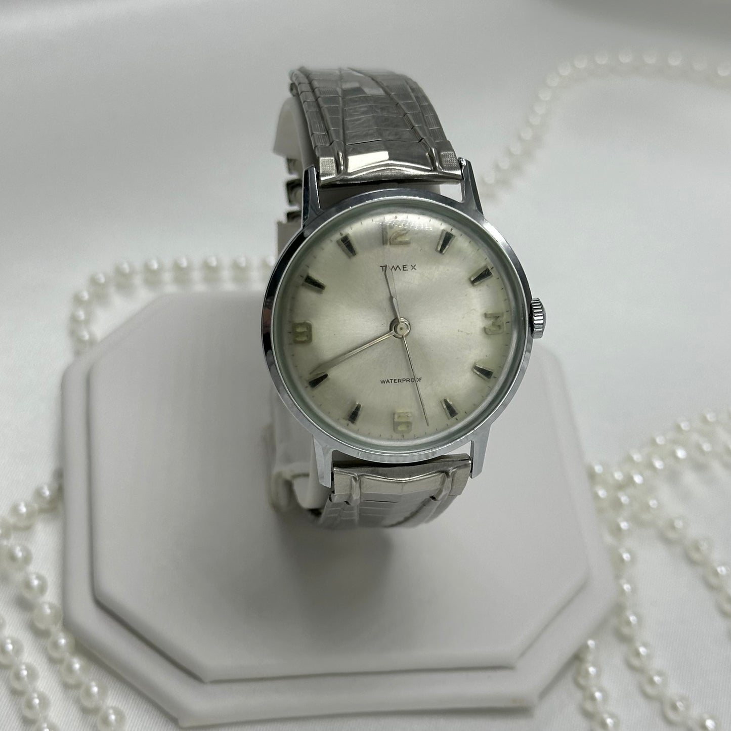 Vintage Silver Timex Watch with Textured Strap