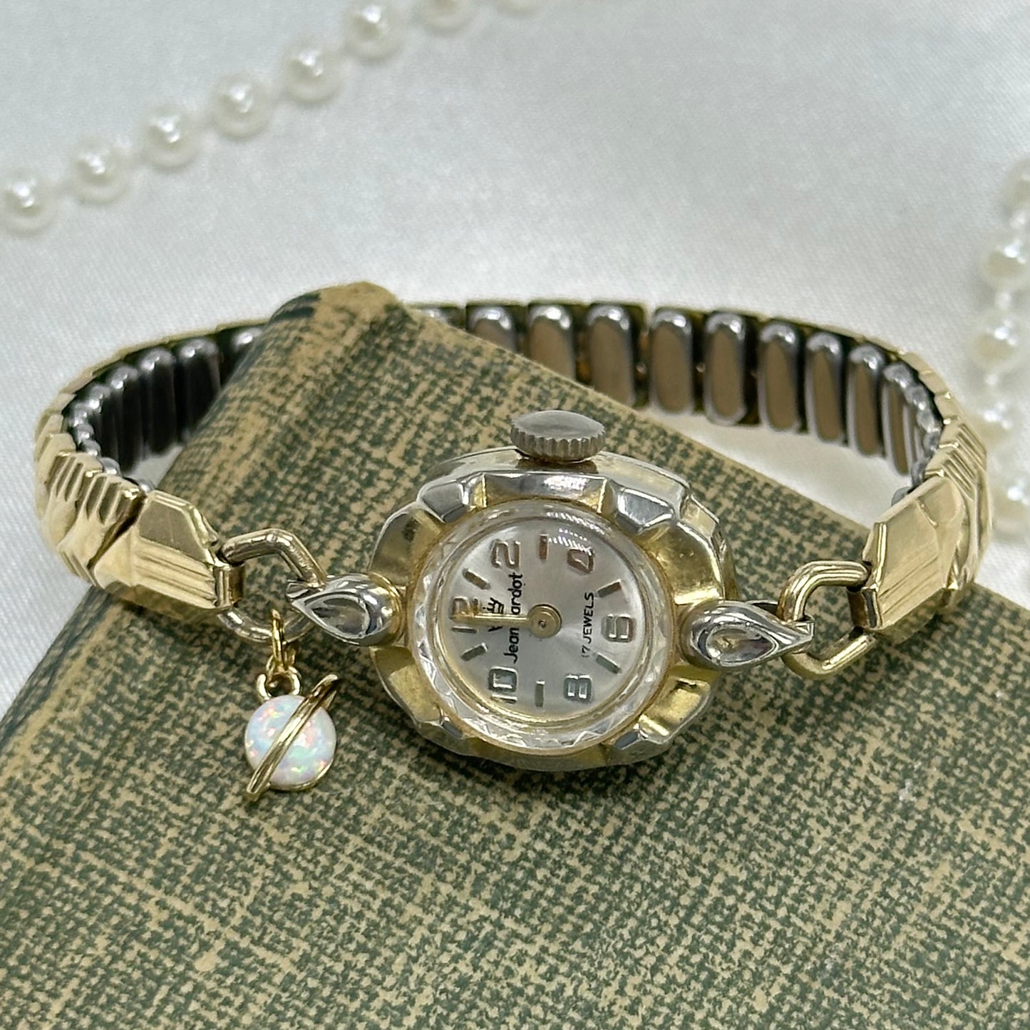 Vintage Jean Cardot Wind Up Gold Watch with Opal Saturn Charm
