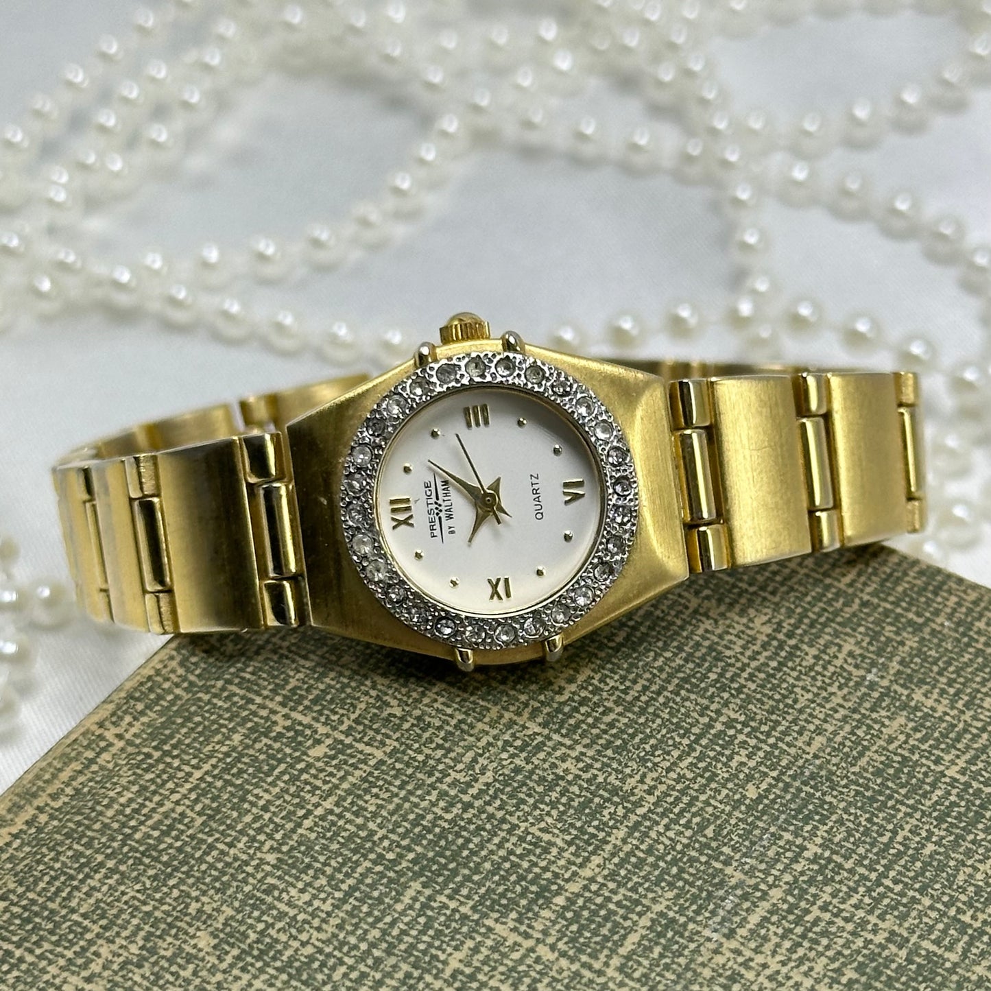Gold Waltham Watch with Diamanté Round Dial