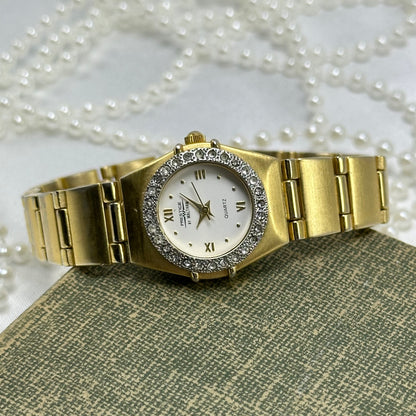 Gold Waltham Watch with Diamanté Round Dial