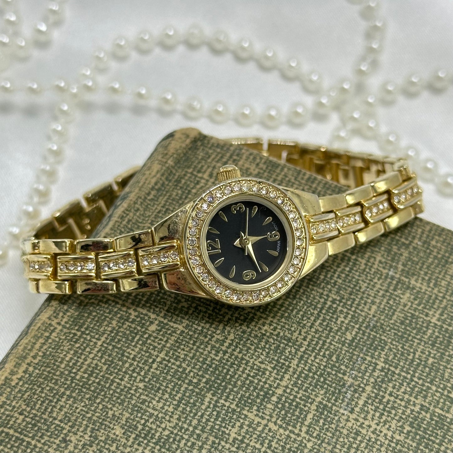 Dainty Diamanté Gold Watch with Round Black Dial