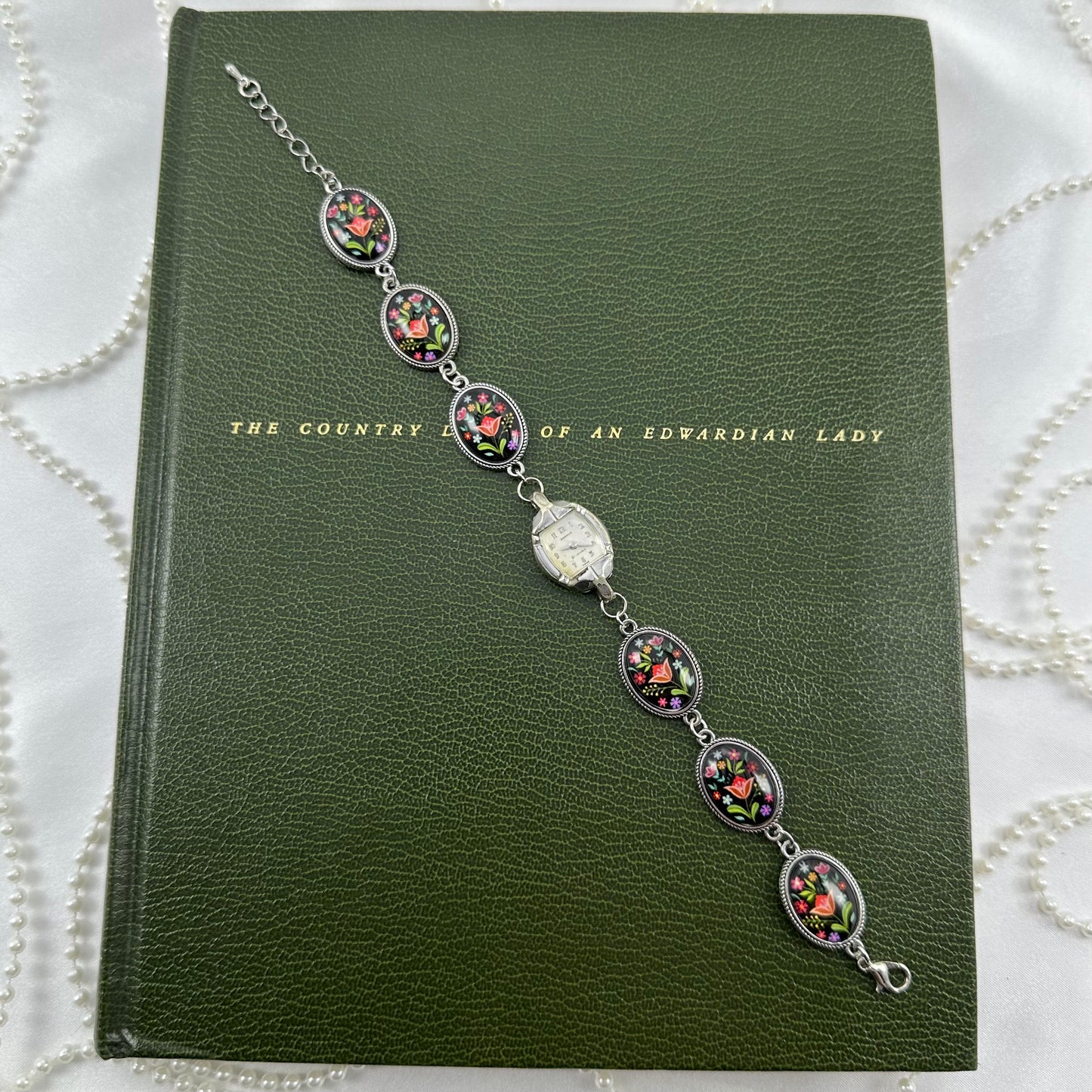 Black Floral Chain Bracelet with Vintage Silver 10k RGP Watch
