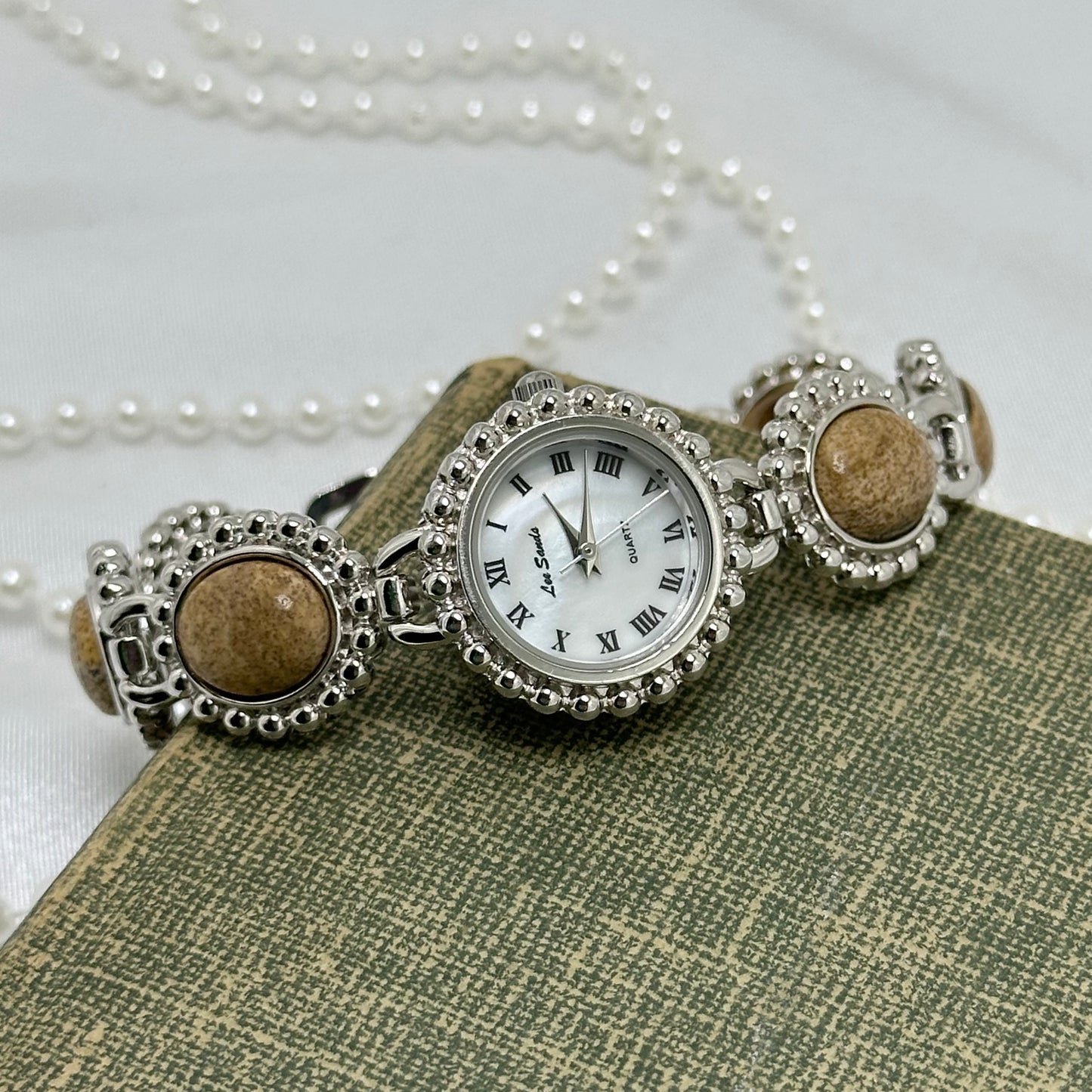 Vintage Silver Lee Sands Watch with Jasper Gemstone Band and Mother of Pearl Dial
