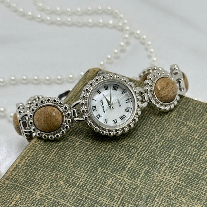 Vintage Silver Lee Sands Watch with Jasper Gemstone Band and Mother of Pearl Dial
