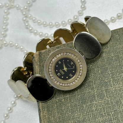 Two-Tone Coin Bracelet Watch with Black Diamanté Dial