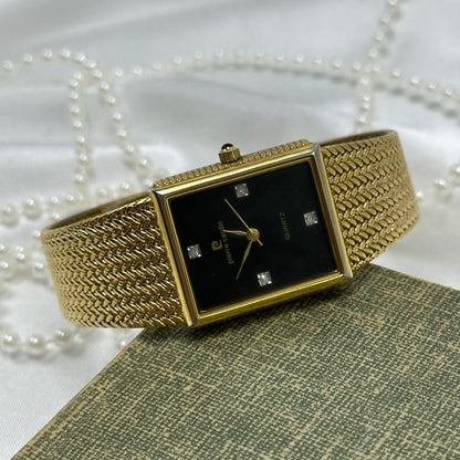 Vintage Pierre Cardin Gold Tank Watch with Black Dial and Diamond Markers