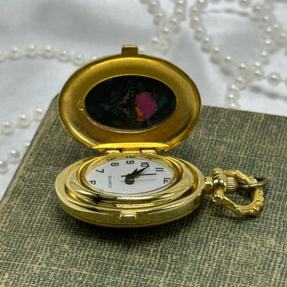 Gold Floral Locket Watch with Butterfly and Flower Picture