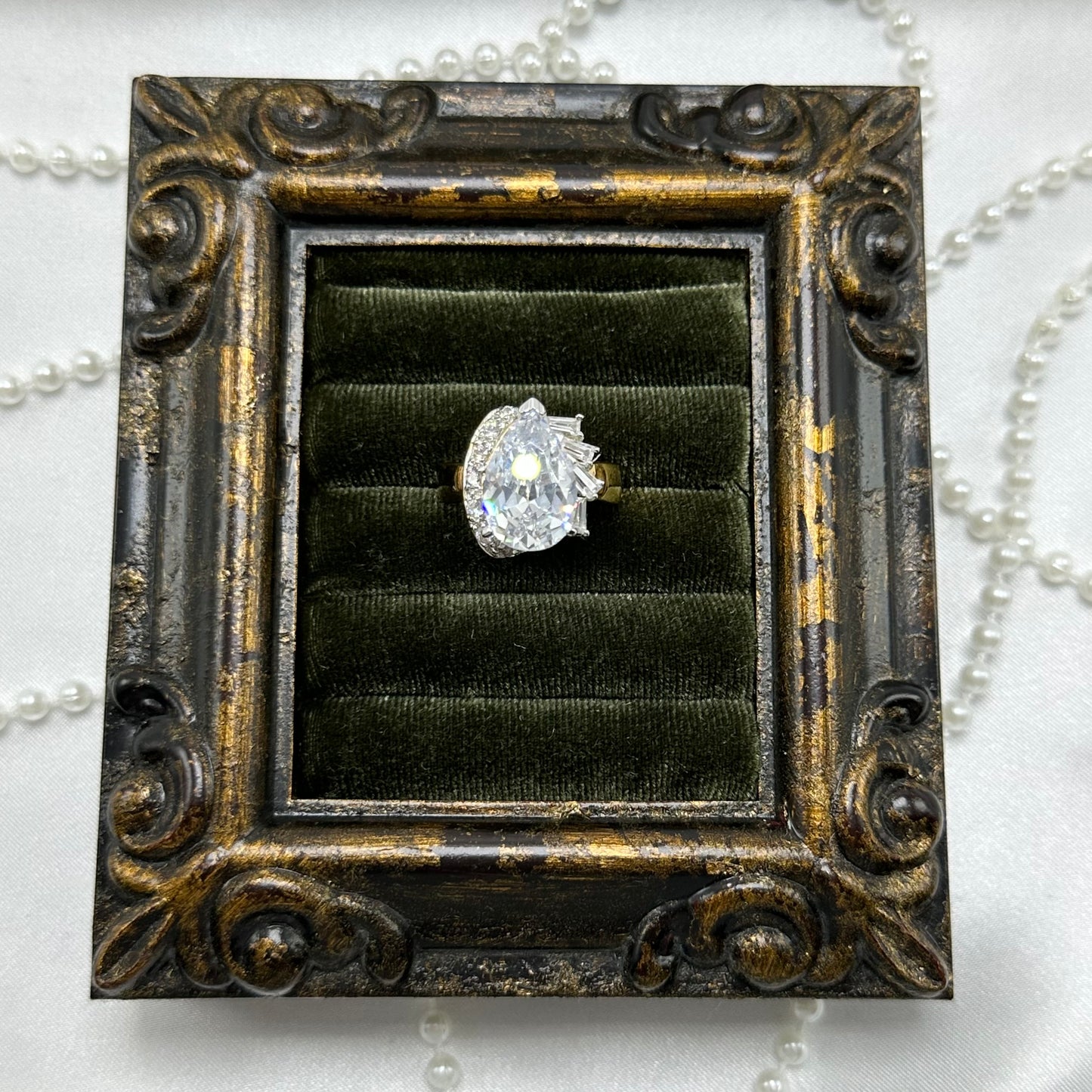 Large Teardrop Cubic Zirconia Stone Vintage Deadstock Ring 14k Gold Electroplated
