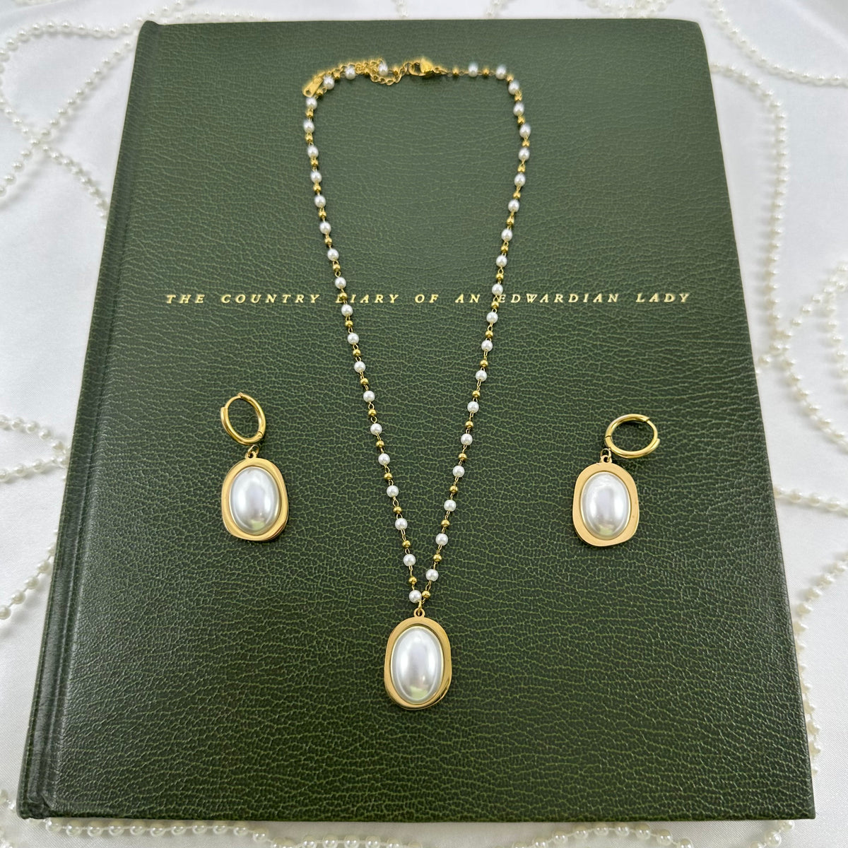 Pearl Necklace and Huggie Earring Set