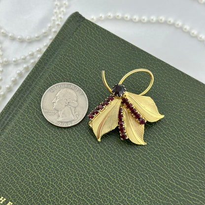 Gold Leaf Brooch with Red Stones