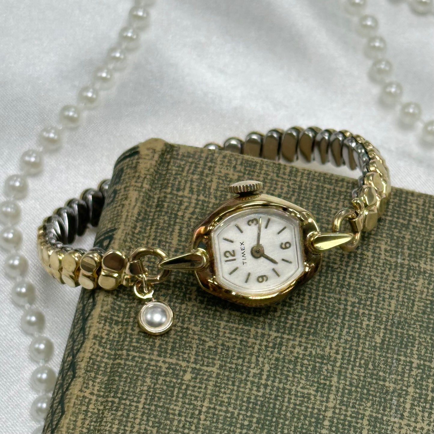Dainty Vintage Gold Timex Wind-Up Watch with Pearl Charm