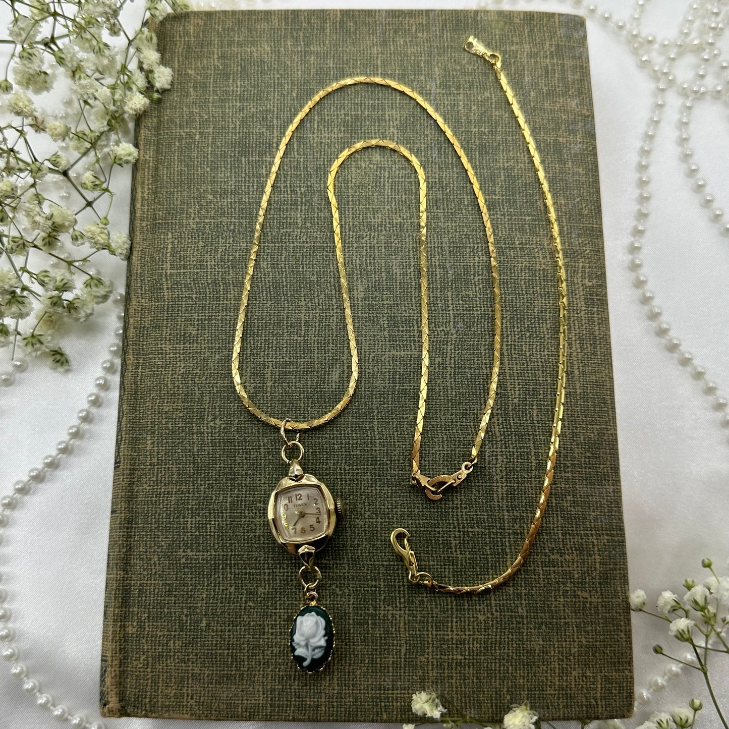 Vintage Watch and Green Cameo Necklace with Matching Bracelet