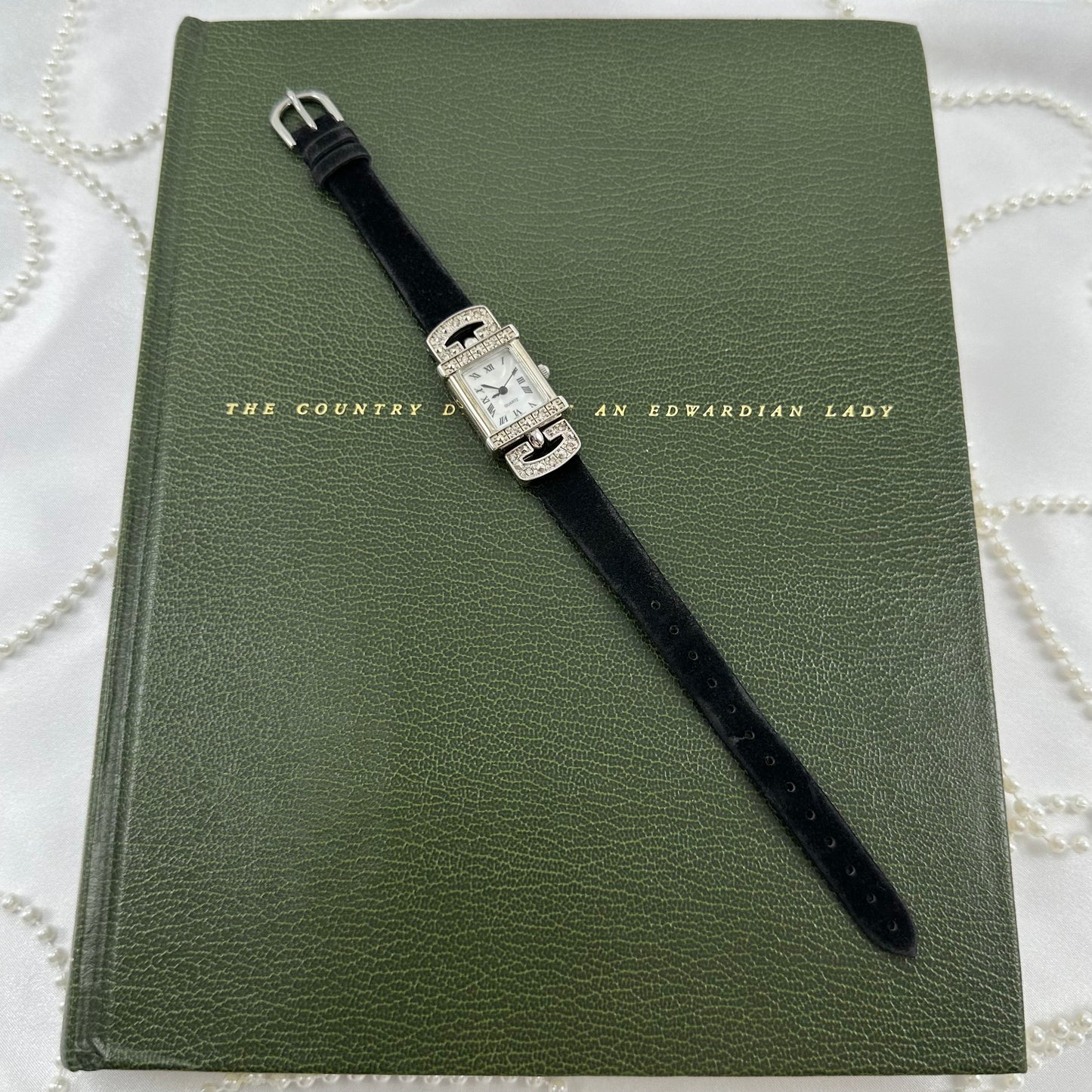 Silver Vintage Avon Watch with Black Velvet Band and Mother of Pearl Dial