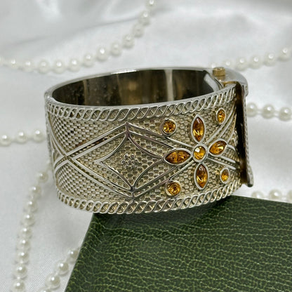 Silver Cuff Watch with Square Dial and Orange Stones