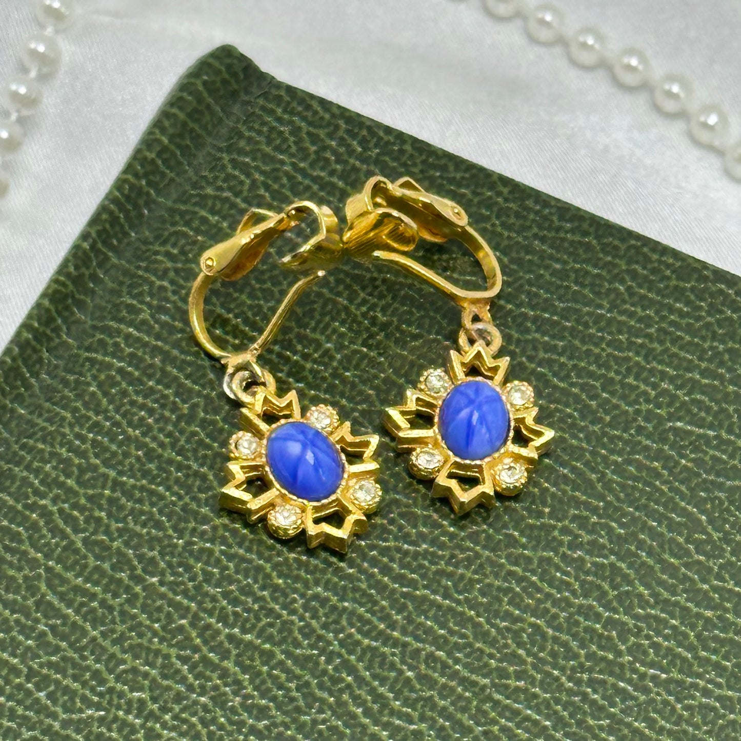 Vintage Blue Starburst Dangle Clip On Earrings