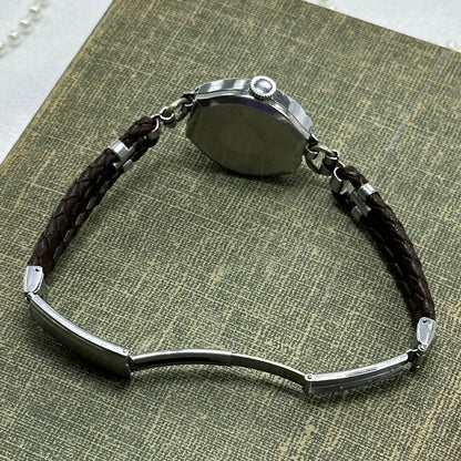 Vintage 1930's Silver Wind-Up Heart Watch with Brown Braided Leather Band