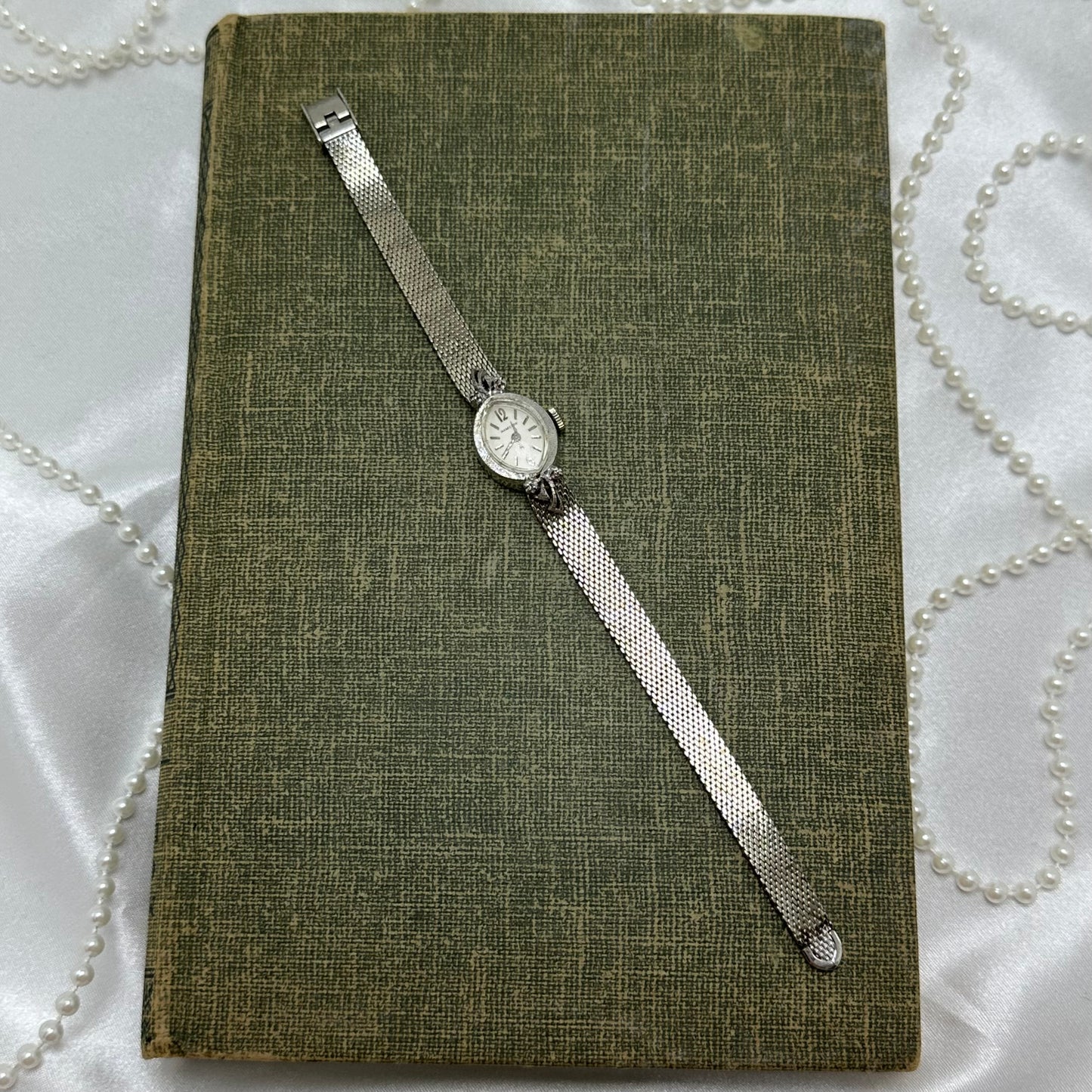 10k RGP Dainty Silver Wind-Up Hamilton Cocktail Watch with Diamond Dial