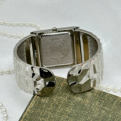 Silver Cuff Watch with Square Diamanté Dial