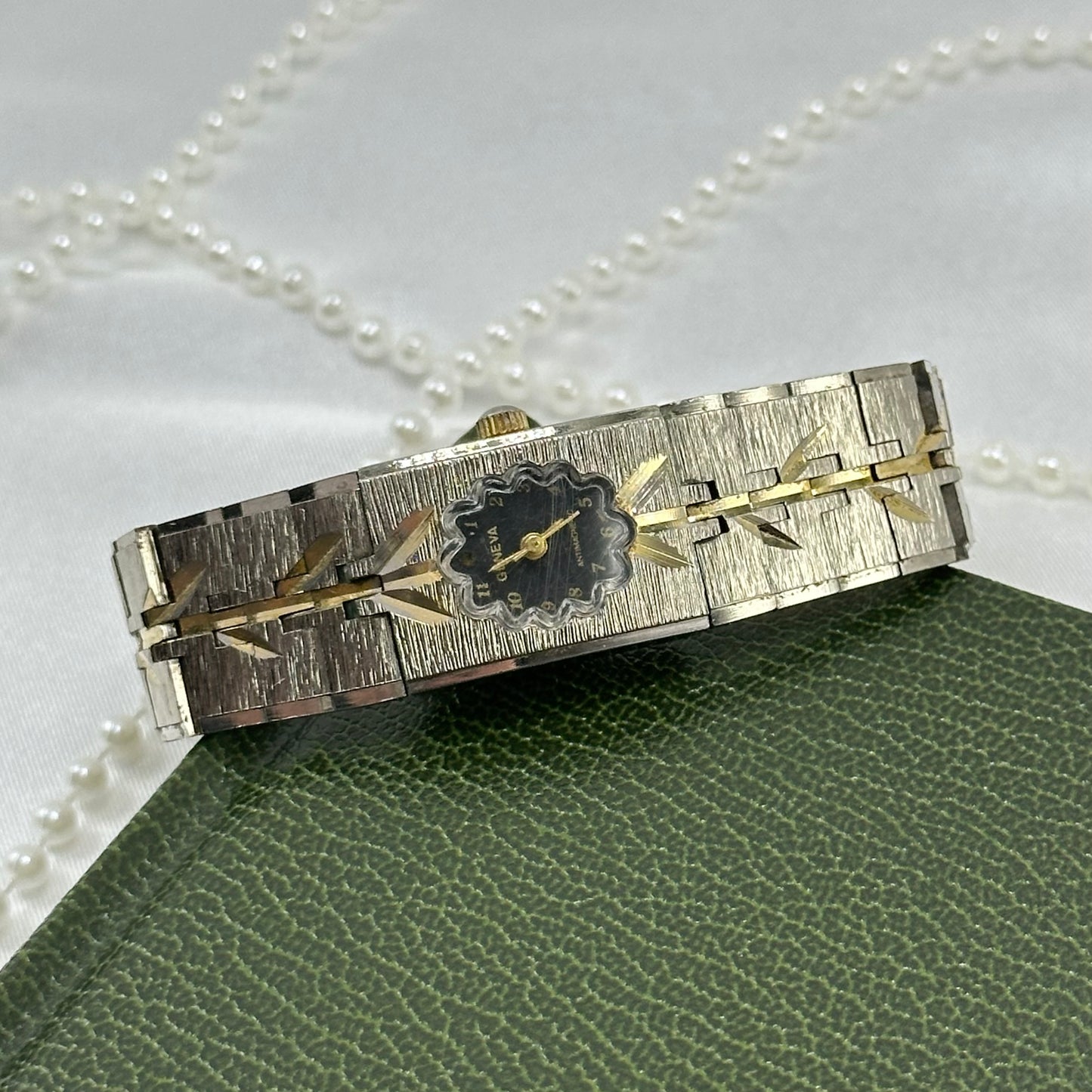 Rare Two-Tone Vintage Geneva Tank Watch with Vine Details