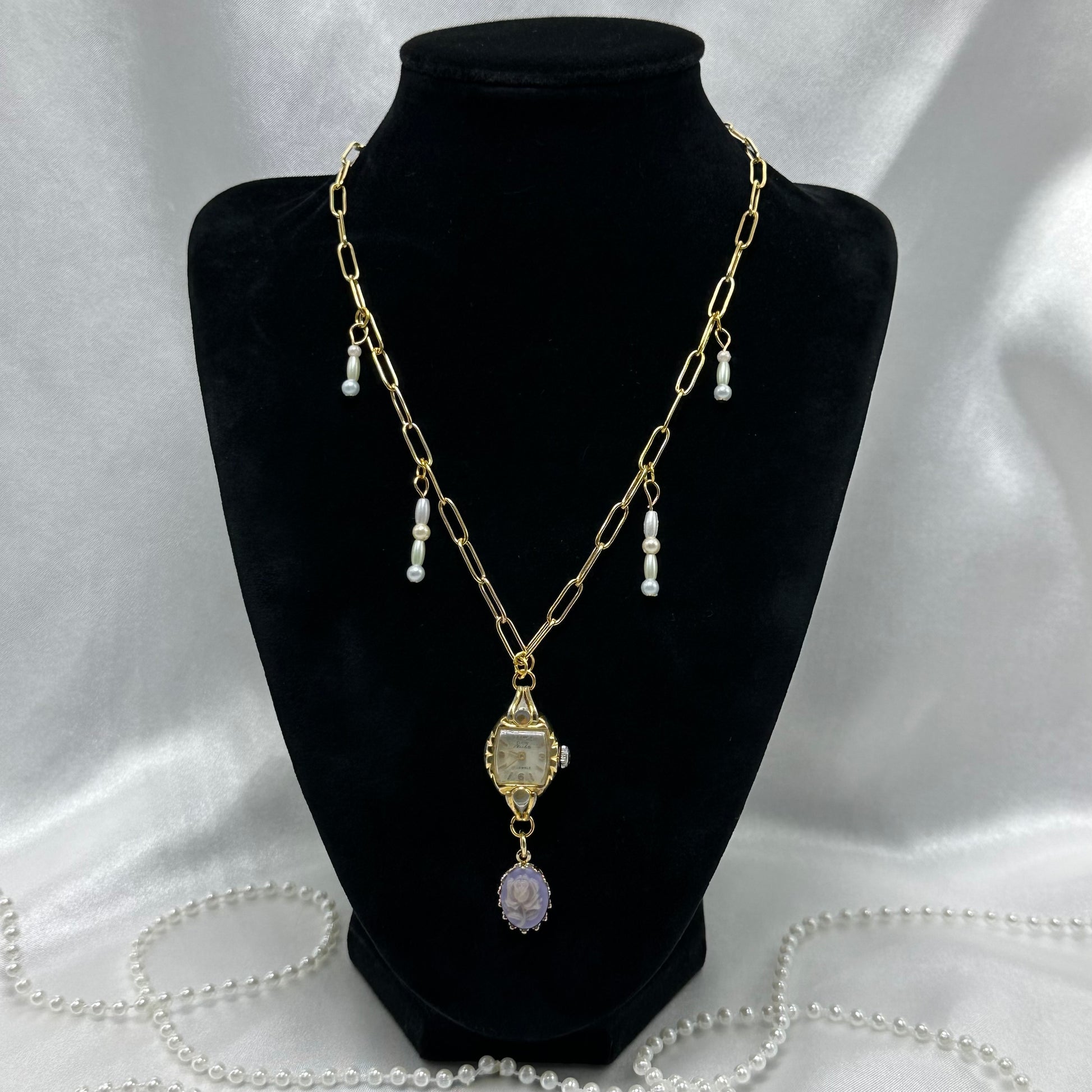 Vintage Watch Necklace with Purple Rose Cameo Charm & Pearls