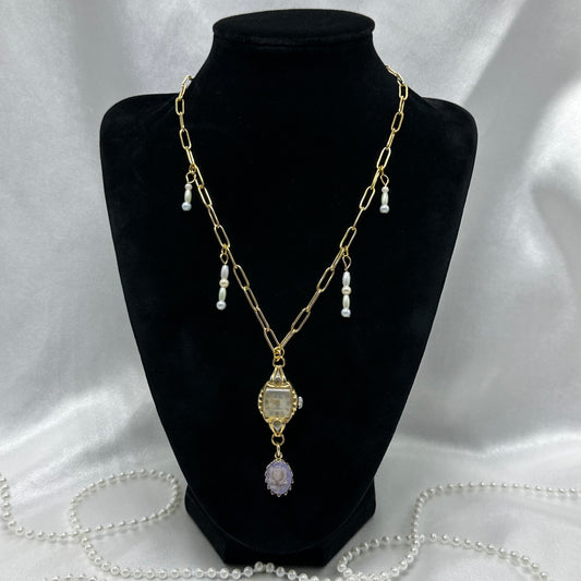 Vintage Watch Necklace with Purple Rose Cameo Charm & Pearls