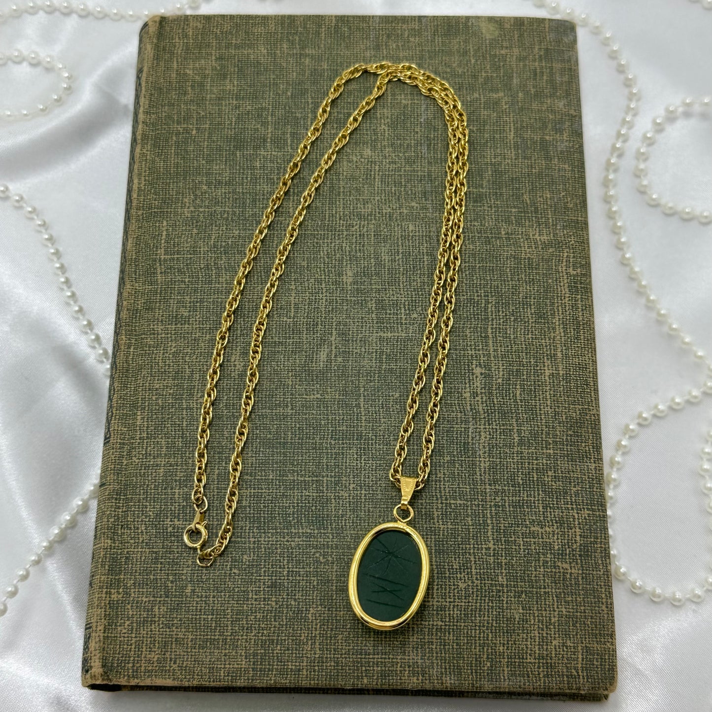 Gold Vintage Green Scarab Necklace