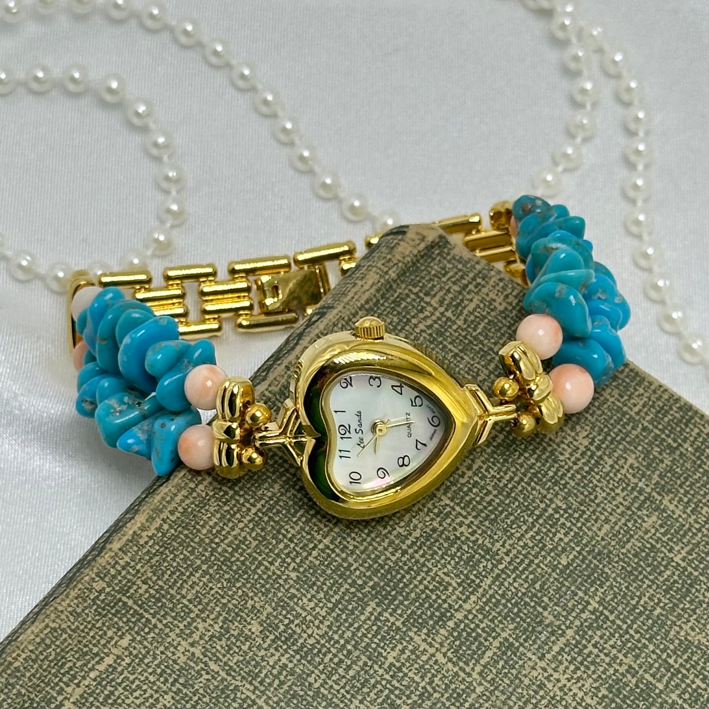 Gold Blue and Pink Beaded Band Watch with Mother of Pearl Heart Dial