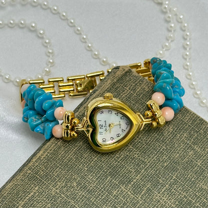 Gold Blue and Pink Beaded Band Watch with Mother of Pearl Heart Dial