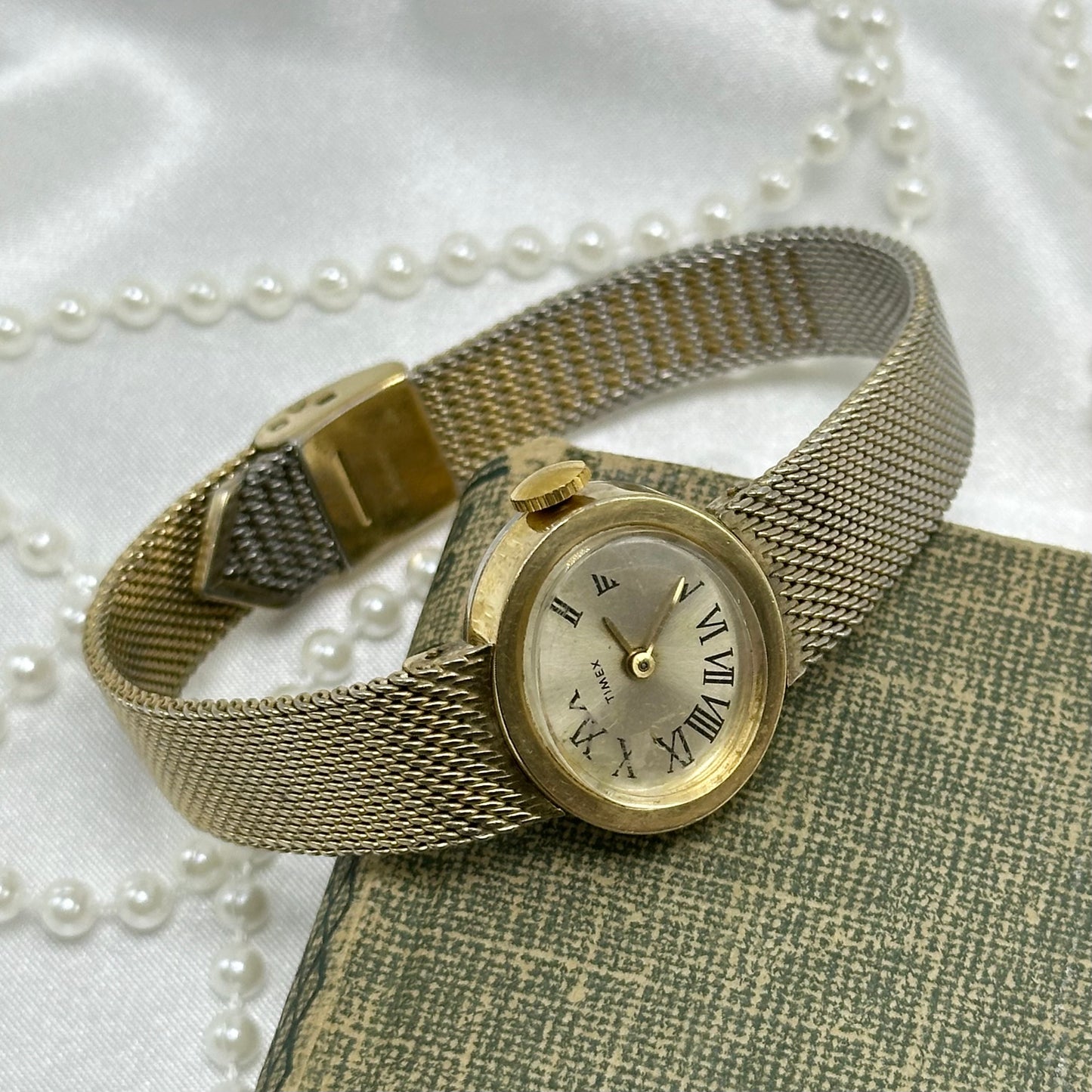Vintage Gold Wind-Up Timex Watch with Mesh Band