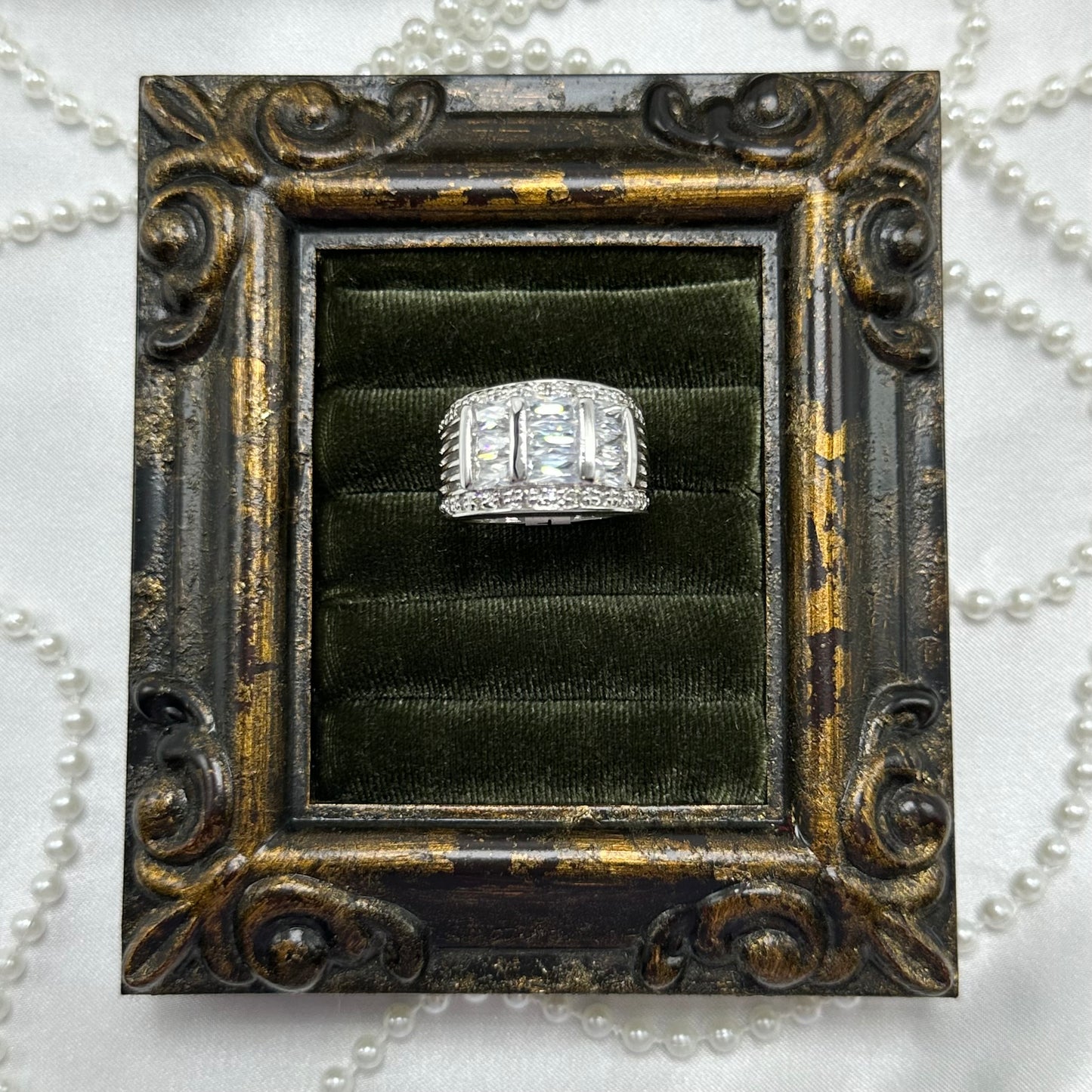 Three Row Clear Stone Vintage Deadstock Band Ring Rhodium Plated