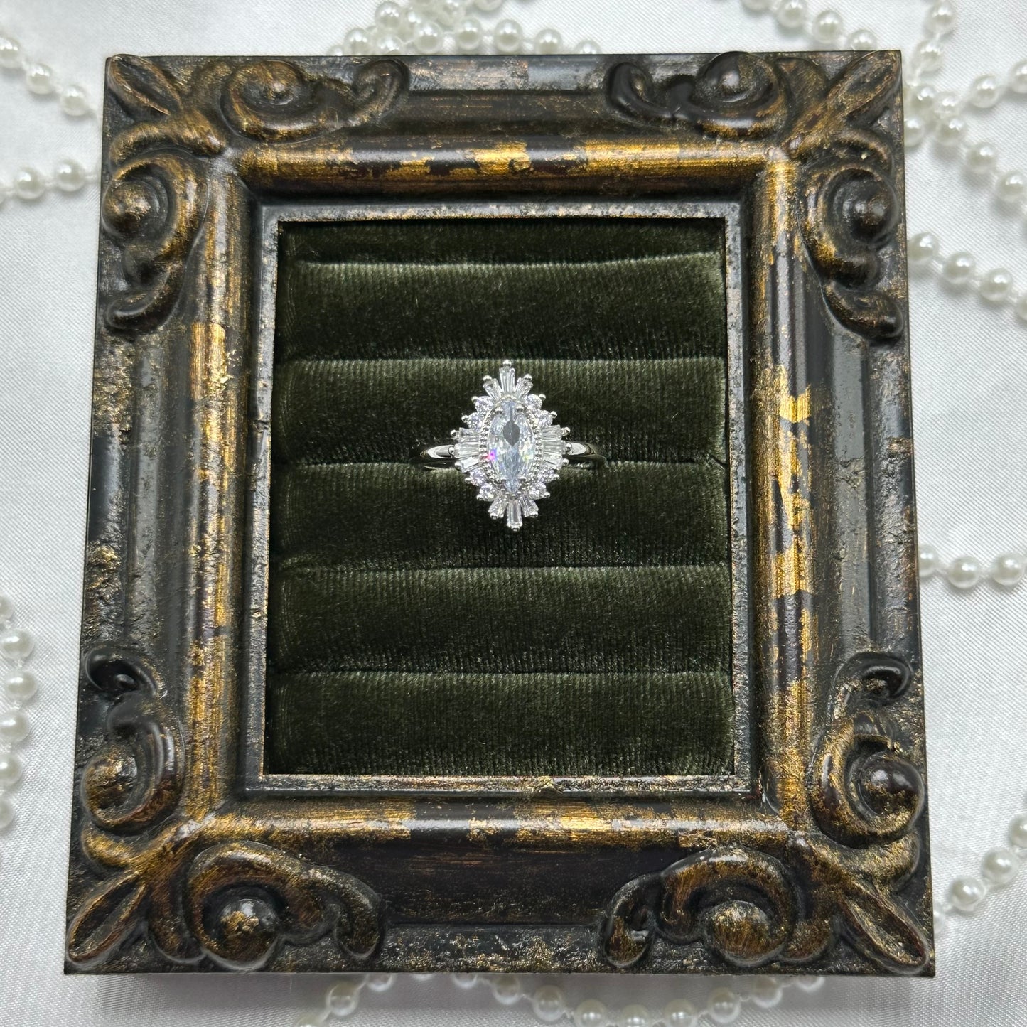 Vintage Rhodium Plated Art Deco Style Ring with Cubic Zirconia Stones