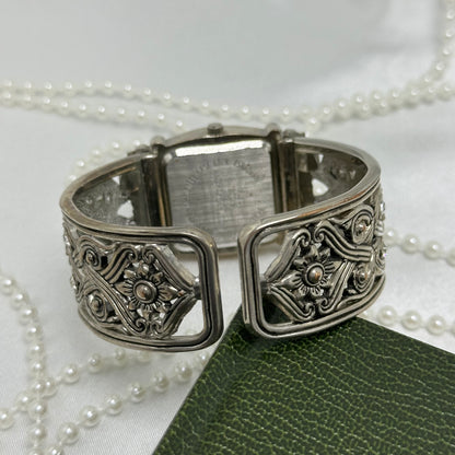 Silver Cuff Watch with Square Dial and Crossed Band