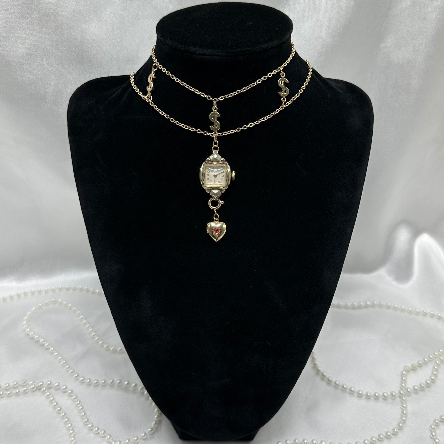 Gold Choker with Vintage Watch Pendant and Removeable Heart Locket