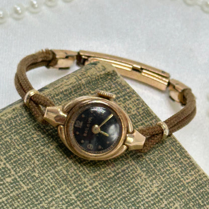 14k Vintage Rose Gold Bulova Black Dial Wind-Up Watch