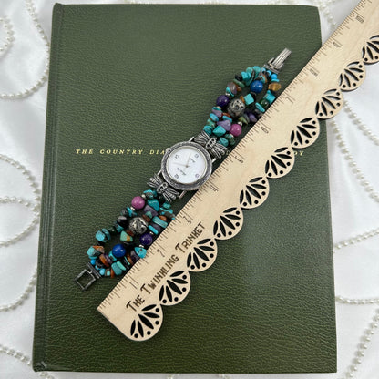 Silver Watch with Multicolor Beaded Band and Mother of Pearl Dial