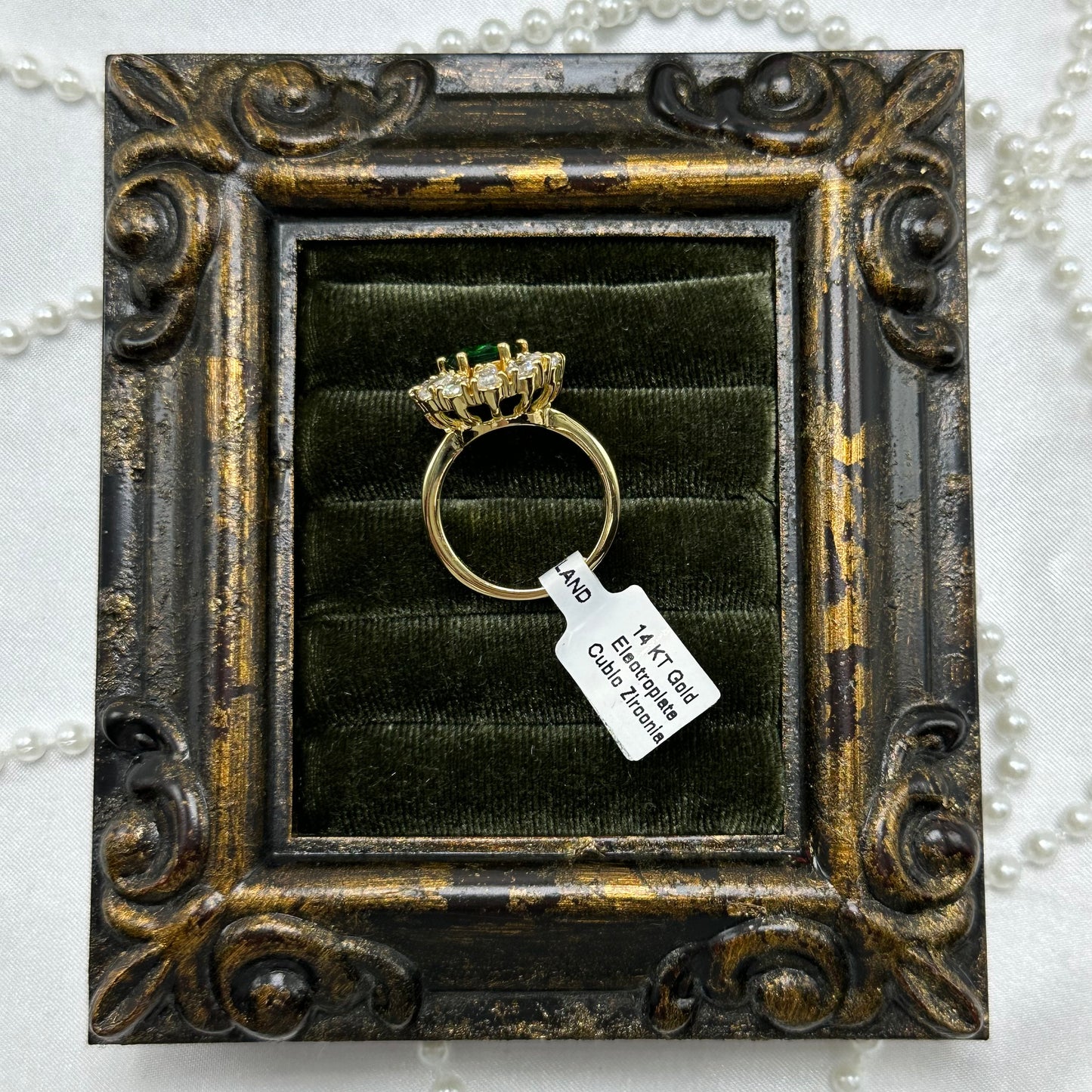 Green & Cubic Zirconia Stone Vintage Deadstock Ring 14k Gold Electroplated