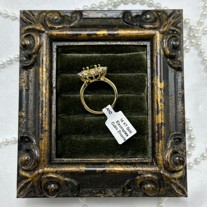 Green & Cubic Zirconia Stone Vintage Deadstock Ring 14k Gold Electroplated