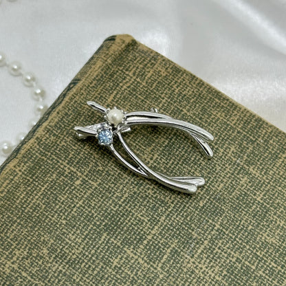 Silver Blue Stone and Pearl Wishbone Brooch
