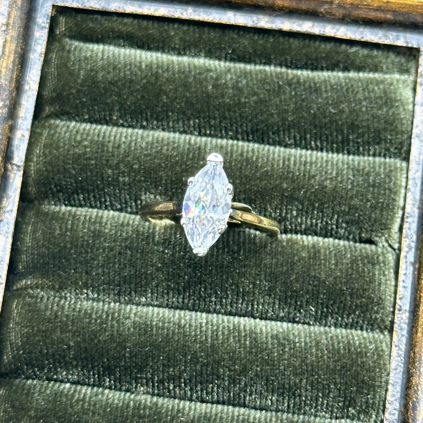 Solitaire Marquise Cubic Zirconia Stone Vintage Deadstock Ring 14k Gold Electroplated