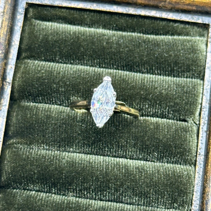 Solitaire Marquise Cubic Zirconia Stone Vintage Deadstock Ring 14k Gold Electroplated